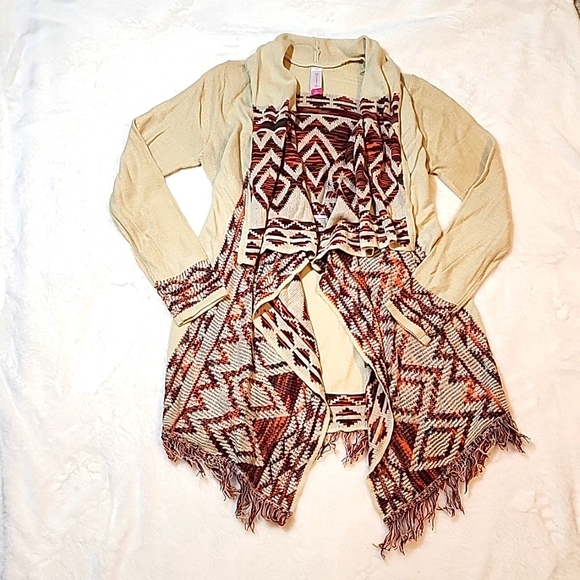 No boundaries taupe aztec fringe hem cardigan - Picture 2 of 6